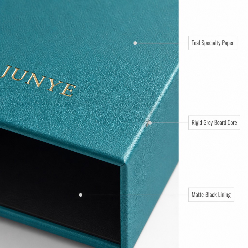 Material build of a rimmed lid and base jewelry box: teal specialty paper over rigid grey board with a matte black lining