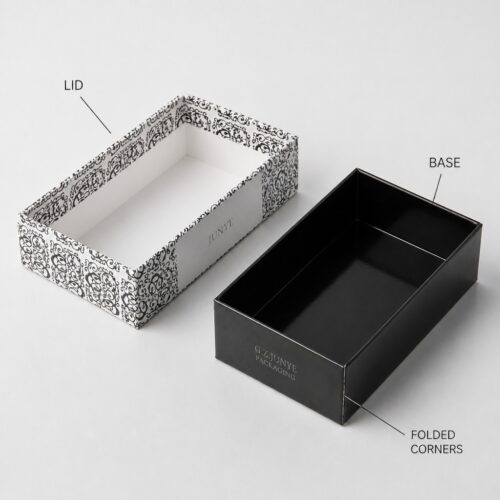 Lid and base separated with the folded corner construction labelled