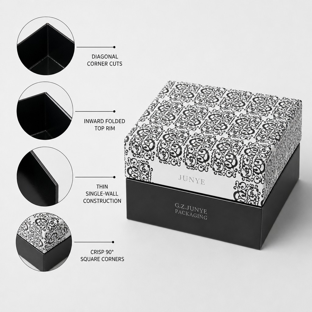 Structure callouts on the telescopic lid box: diagonal corner cuts and inward folded top rim
