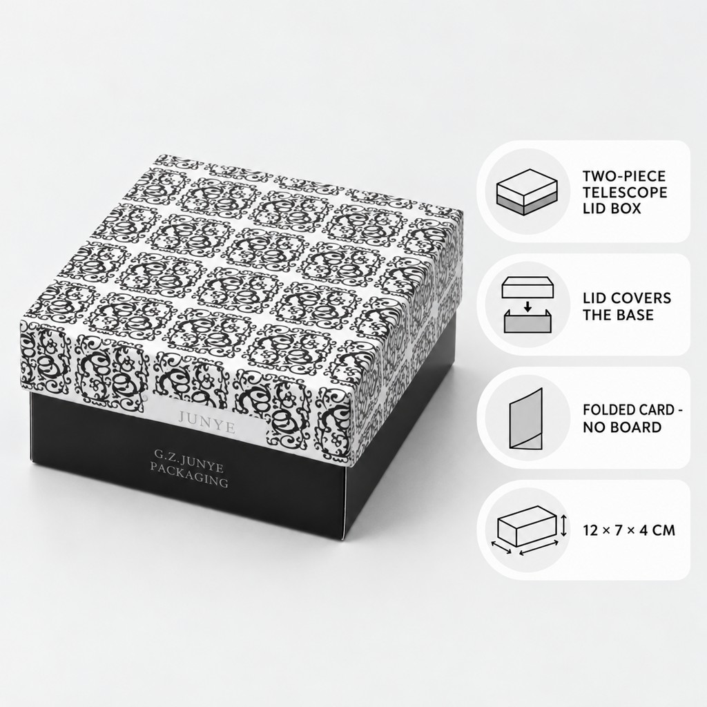 Structure summary of the telescopic lid box: two piece, lid covers the base, folded card