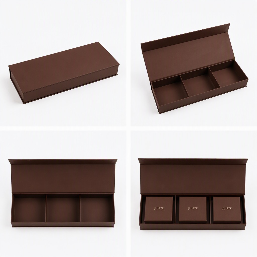 Long gift set box shown closed, open with three empty compartments, from above, and holding three small boxes