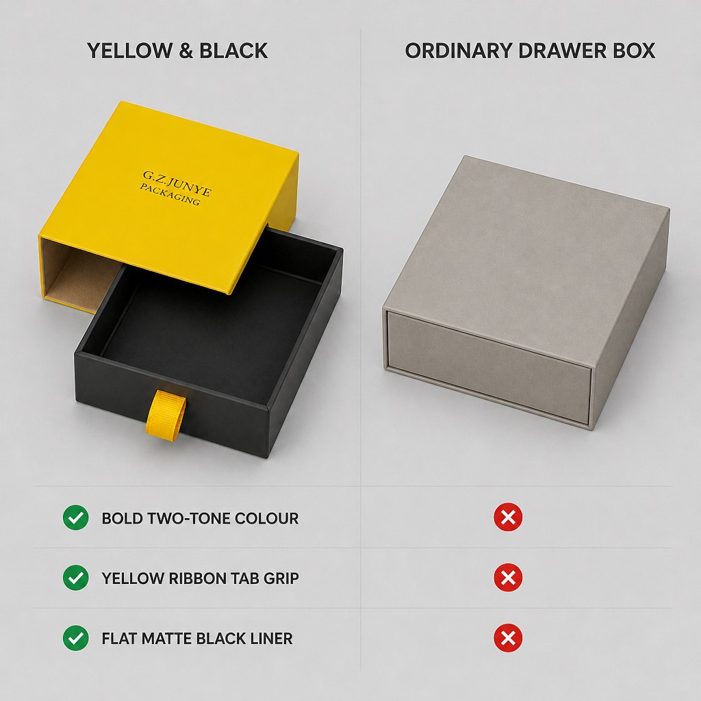 Comparison of our yellow and black drawer box against an ordinary plain drawer box