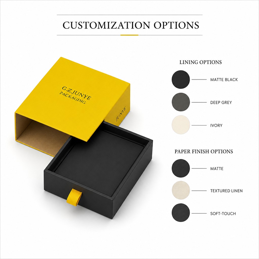 Lining options in matte black, deep grey and ivory, and paper finish options in matte, textured linen and soft-touch
