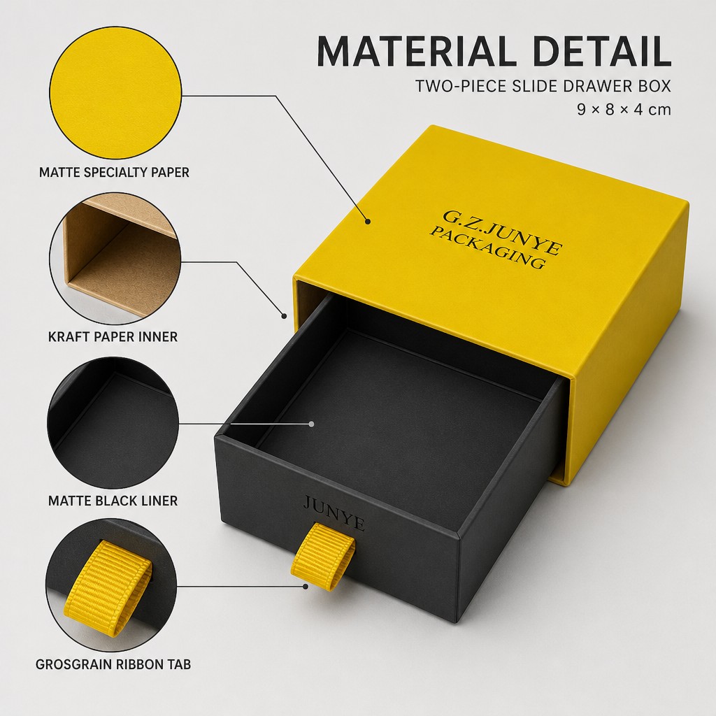 Material detail: matte specialty paper, kraft paper inner wall, matte black liner and grosgrain ribbon tab