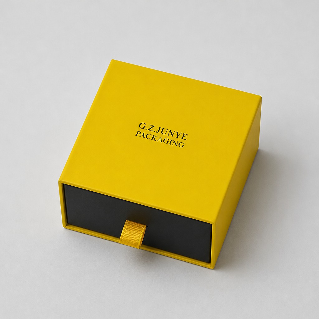 Two tone jewelry drawer case at an angle, yellow grosgrain ribbon tab centred on the near-black drawer face