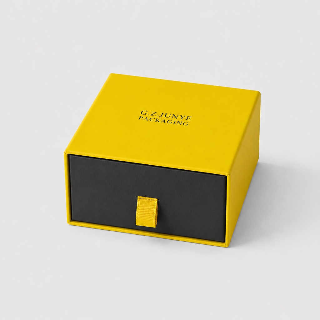 Two tone jewelry drawer case closed: bright yellow sleeve with a near-black drawer face and a yellow ribbon tab