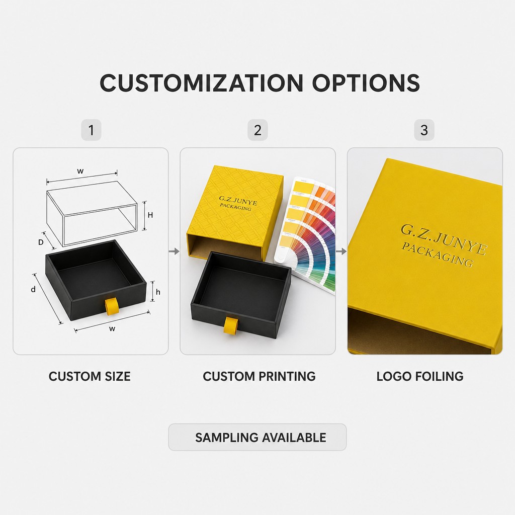 Customization options: custom size, custom printing and logo foiling, with sampling available
