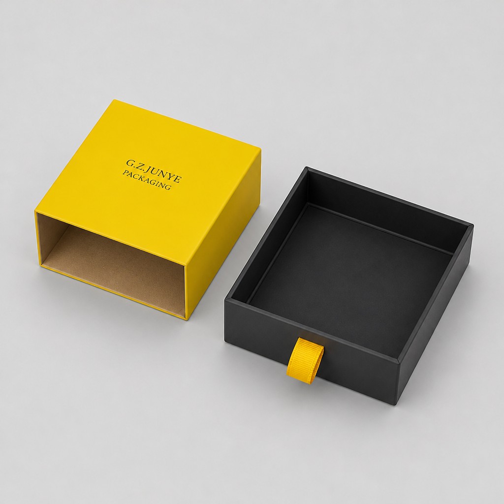 The two paper parts separated: two-end yellow sleeve with kraft inner wall, and the near-black drawer tray