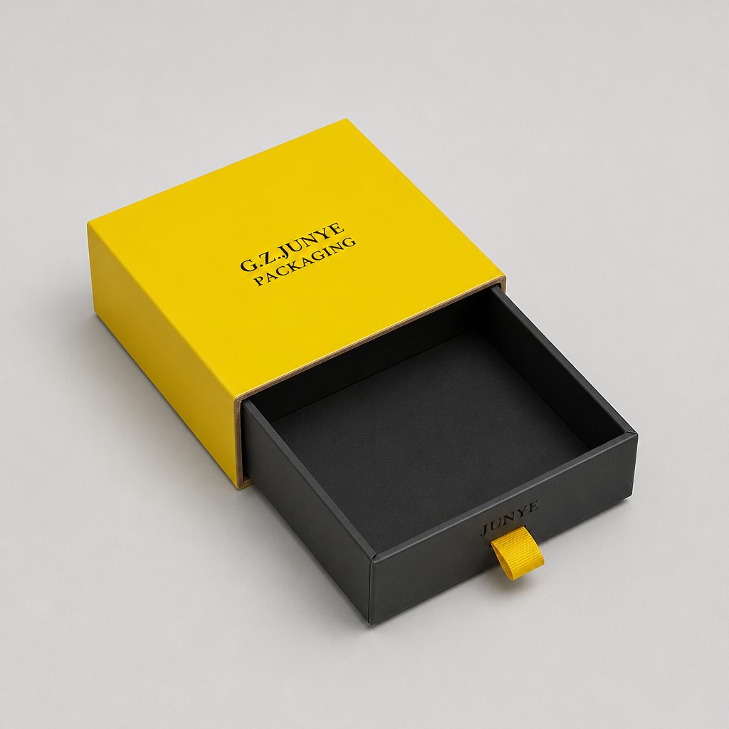 Near-black five-face tray pulled out of the yellow sleeve, showing the flat matte black liner